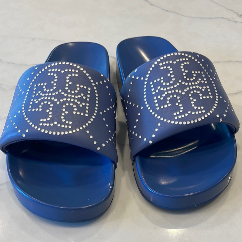 Tory Burch Navy Slide Sandals with White Accents double T pool slides